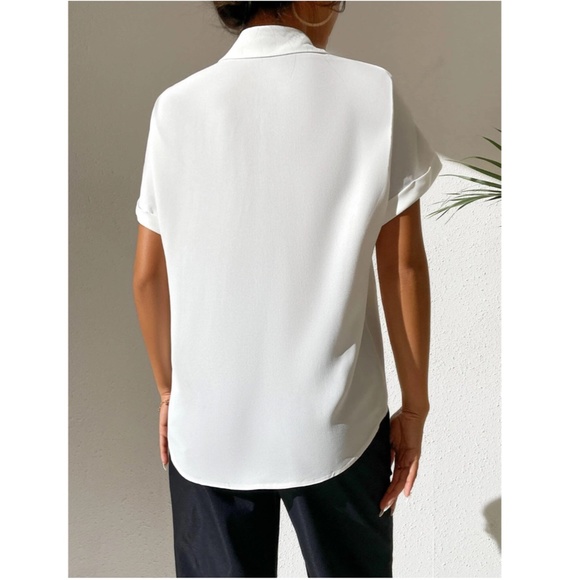 White Casual Button Up / Down Shirt Collar V-Neck Button Front Short Sleeve - Picture 9 of 17